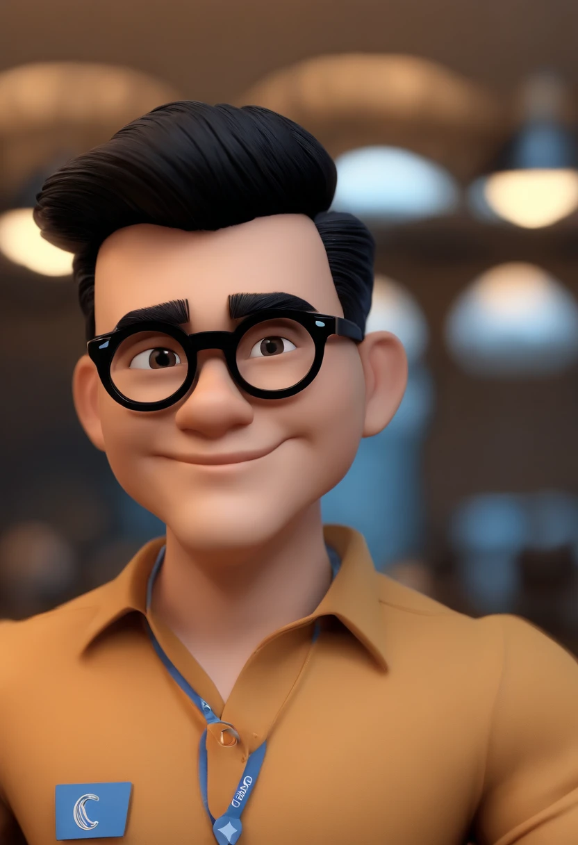 Cartoon character of a man wearing black glasses and a blue shirt, um personagem animado, Caractere estilizado, animation style rendering, 3D estilizado, Arnold Maya render, 3 d render stylized, toon render keyshot, Personagem 3D, Personagem 3D, 3d rendering stylized, 3 d character render, personagem de desenho animado, Personagem de close up, Pose de personagem, (Estilo Pixar) (master part:1.2) (Bokeh) (best quality) (pele detalhada) (textura detalhada) (8k) (argila) (Cinematic lighting) (foco nítido,Senta e vaza a parte superior do corpo