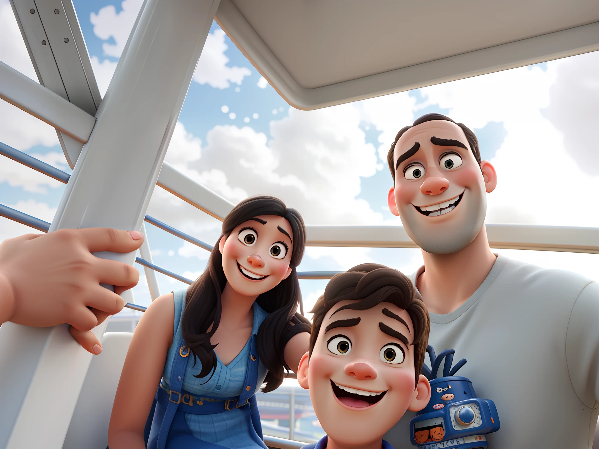 Family on Ferris wheel smiling happily in pixar style