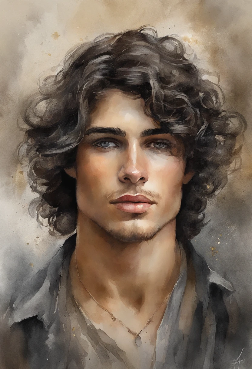 Digital art, black and gold, mysterious fantasy a men white boy with slightly slanted brown eyes, a typical Italian thin nose with freckles. medium wavy hair extremely black like the waves of the sea, 18 years old pale skin and striking eyebrows but not that big, noticeable eyelashes reminiscent of freckles and extremely black hair. high qualiy. its a boy 18 years