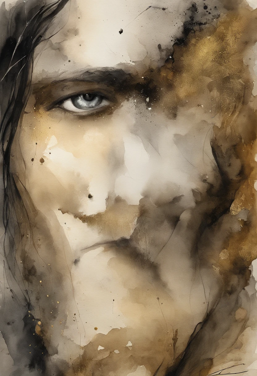 Digital art, black and gold, mysterious fantasy a men white boy with slightly slanted brown eyes, a typical Italian thin nose with freckles. medium wavy hair extremely black like the waves of the sea, 18 years old pale skin and striking eyebrows but not that big, noticeable eyelashes reminiscent of freckles and extremely black hair. high qualiy. its a boy 18 years