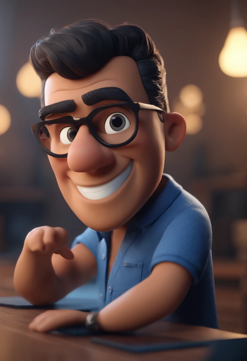 Cartoon character of a man with black glasses and a blue shirt, animation character, Caractere estilizado, animation style rendering, 3D estilizado, Arnold Maya render, 3 d render stylized, toon render keyshot, Personagem 3D, Personagem 3D, 3d rendering stylized, 3 d character render, personagem de desenho animado, Personagem de close up, Pose de personagem, (Estilo Pixar) (master part:1.2) (Bokeh) (best quality) (pele detalhada) (textura detalhada) (8k) (argila) (Cinematic lighting) (foco nítido