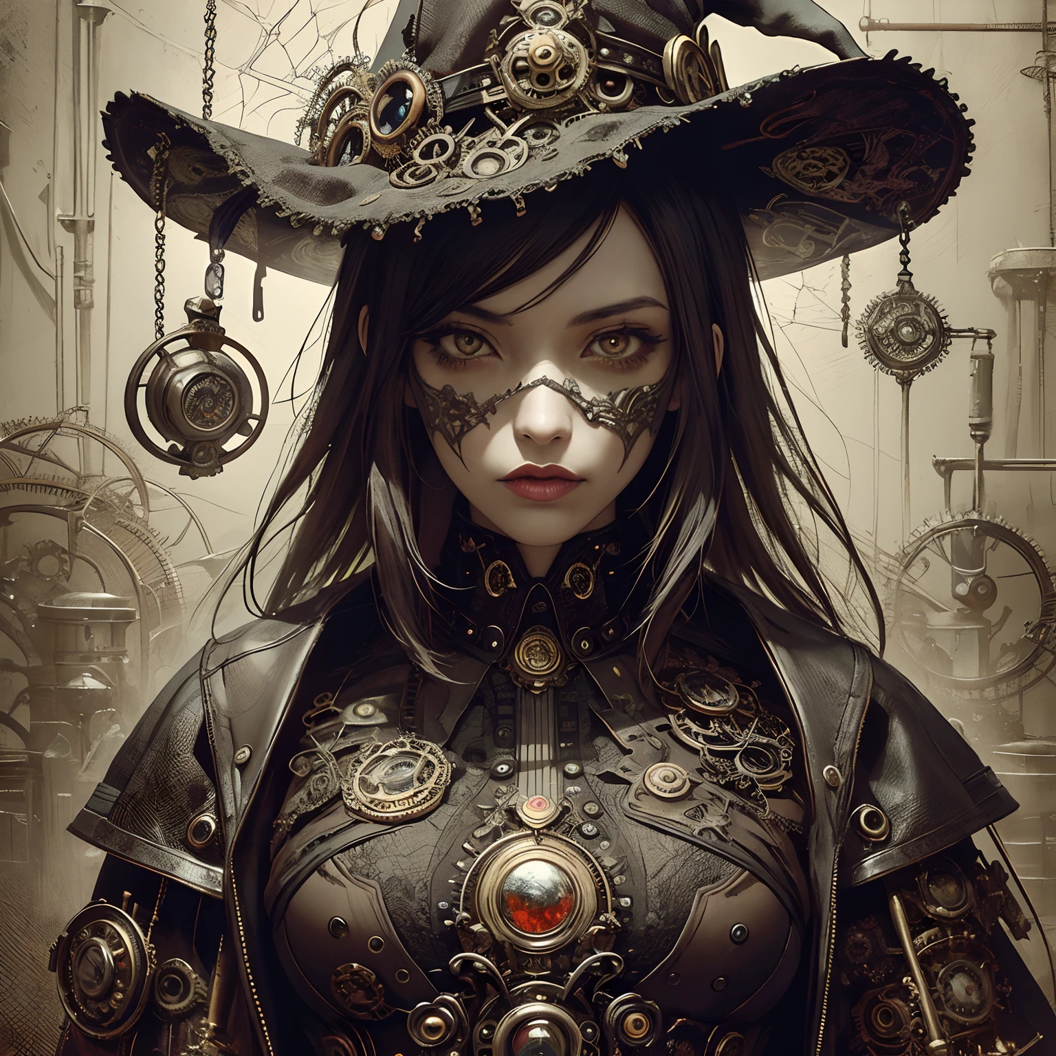 /imagine
Craft a mixed media artwork using ink painting and acrylic art to portray a ((spider witch)) with a ((creative twist)). Infuse elements de energia escura, of ((steampunk)) and ((gothic)) art styles to give the character a unique look. The spider witch should stand out with intricate details in her clothing and accessories. The background should feature a ((mechanical)) and ((ethereal)) environment. Utilize a ((macro lens)) for a close-up shot, focusing on the witch's intricate features. Draw inspiration from steampunk and gothic artists for a creative blend of styles.
Art Styles: Steampunk, Gothic
Camera Shot: Close-up
Camera Lens: Macro lens
Render Style: Mixed media (Ink painting and acrylic art)
Resolution: High resolution
Lighting: A combination of mechanical and ethereal lighting
, Mysterious
