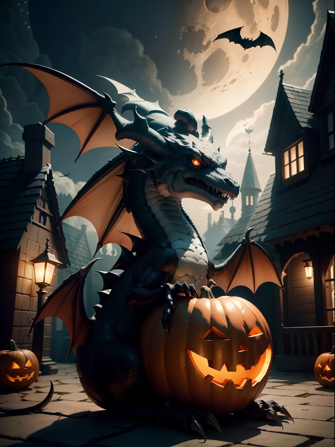 (ultra high quality) (4k) (perfect details) A dragon with a pumpkin head, he is on top of a fabulous castle, the castle shines like the stars and has a beautiful color, this castle is located in a kind of paradise , a very beautiful place, but chaotic, the dragon has a huge scar on its eye
