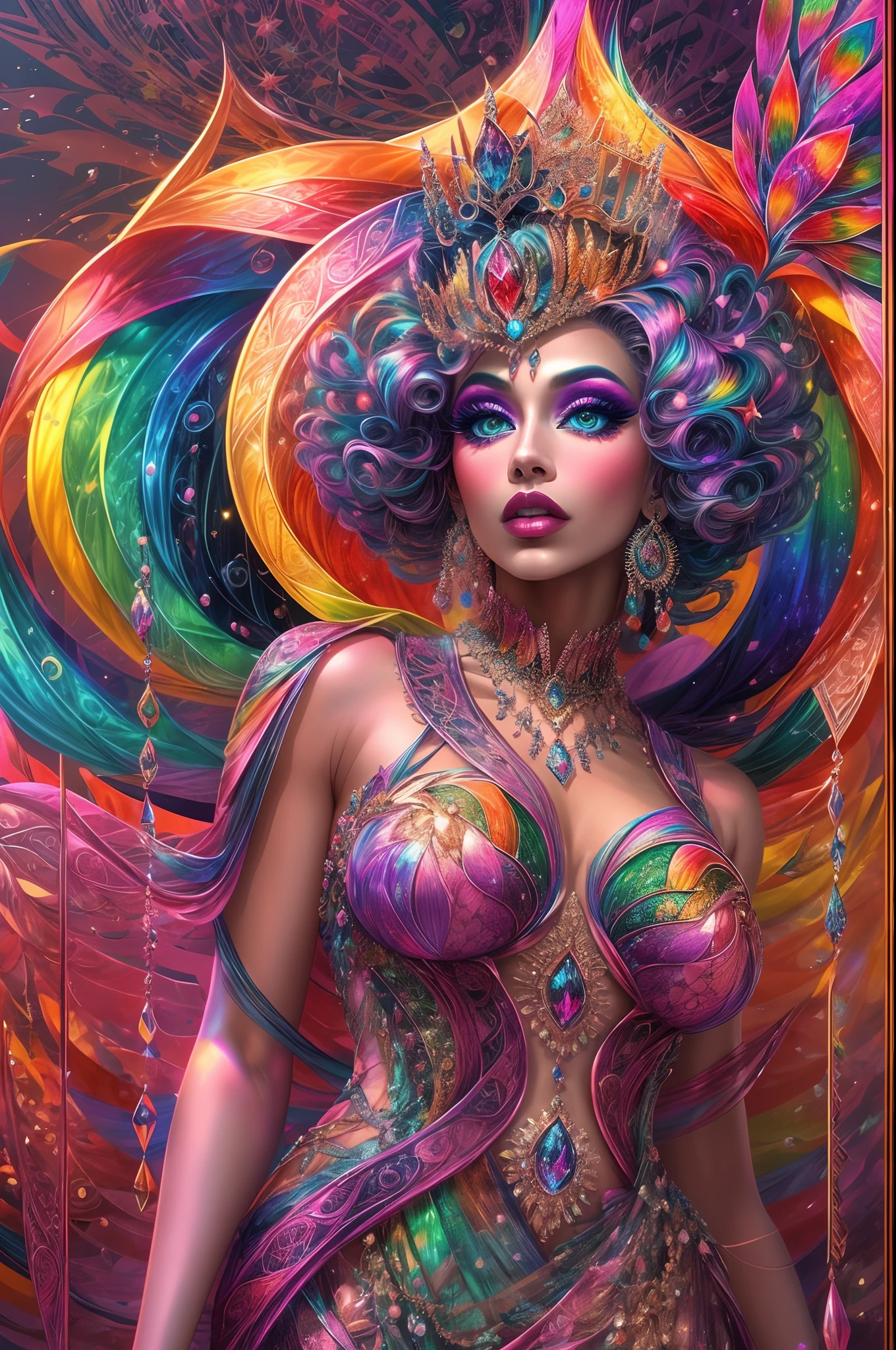 A magnificent drag queen with intricate makeup and flamboyant attire, standing tall and exuding confidence at the center of the image, like a vibrant peacock spreading its majestic feathers. The queen's face embodies perfection, with beautifully defined eyes, mesmerizing eye shadow blending seamlessly into lush eyelashes, and luscious, glossy lips that shimmer with vibrant shades of pink and purple. Her flawless skin radiates a soft, ethereal glow.
The drag queen's hair is a stunning display of colors, resembling a rainbow cascading down her back in vibrant waves. Each strand reflects brilliant hues of red, orange, yellow, green, blue, indigo, and violet, creating a mesmerizing and prismatic effect.
Surrounding the queen, the background is an explosion of abstract shapes and patterns, reminiscent of a kaleidoscope. The colors shift and blend harmoniously, transitioning seamlessly between vibrant shades, creating a sense of movement and energy. The abstract forms intertwine and collide, forming an otherworldly composition that captivates the viewer.
The lighting in the image is soft and diffused, casting a gentle glow upon the queen and accentuating her immaculate features. The colors in the scene appear to radiate from within, illuminating the image with a captivating and ethereal essence.
This artwork is created with the medium of digital illustration, showcasing the limitless possibilities of vibrant colors and intricate details that can be achieved in the digital realm. The use of a high-resolution format, such as 4K or 8K, ensures the utmost clarity and sharpness, allowing the viewer to appreciate every delicate stroke and intricate detail.