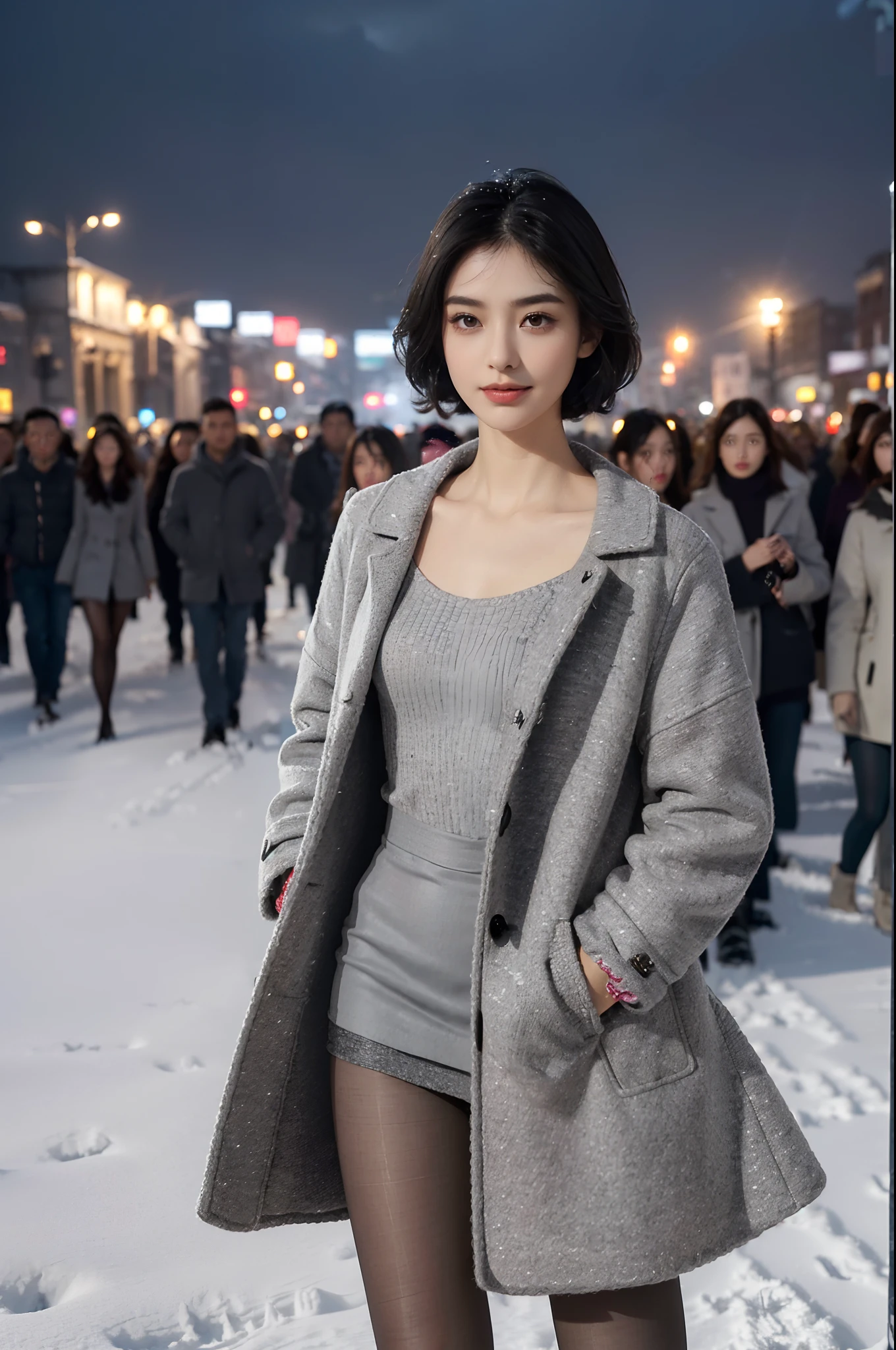(shoulder length straight short black hair:1.2),((((8k))),(Extremely meticulous CG) ,(wallpaper),16k,(Extremely refined and beautiful），（Masterpiece），（best qualtiy：1.0），（Ultra High Resolution：1.0），beautiful light up，Perfect lightning，realistic shaded，[A high resolution],(Smooth and flawless fair skin:1.5),Extremely exquisite facial details,(perfect body：1.1),ultra - detailed,A beautiful girl,small head,(Small breasts:1.1),Flat chests，slim，thin，Smile，cheerfulness,(Light gray woolen coat:1.5),(gray shirt:1.4),(black pantyhose:1.3),(high heels:1.2),slender legs,(nightfall:1.5),Sunset light,(Surrounded by a crowded crowd:1.5),At the school gate,(upper body:1.1),from front,(snowy weather:1.1),standing
