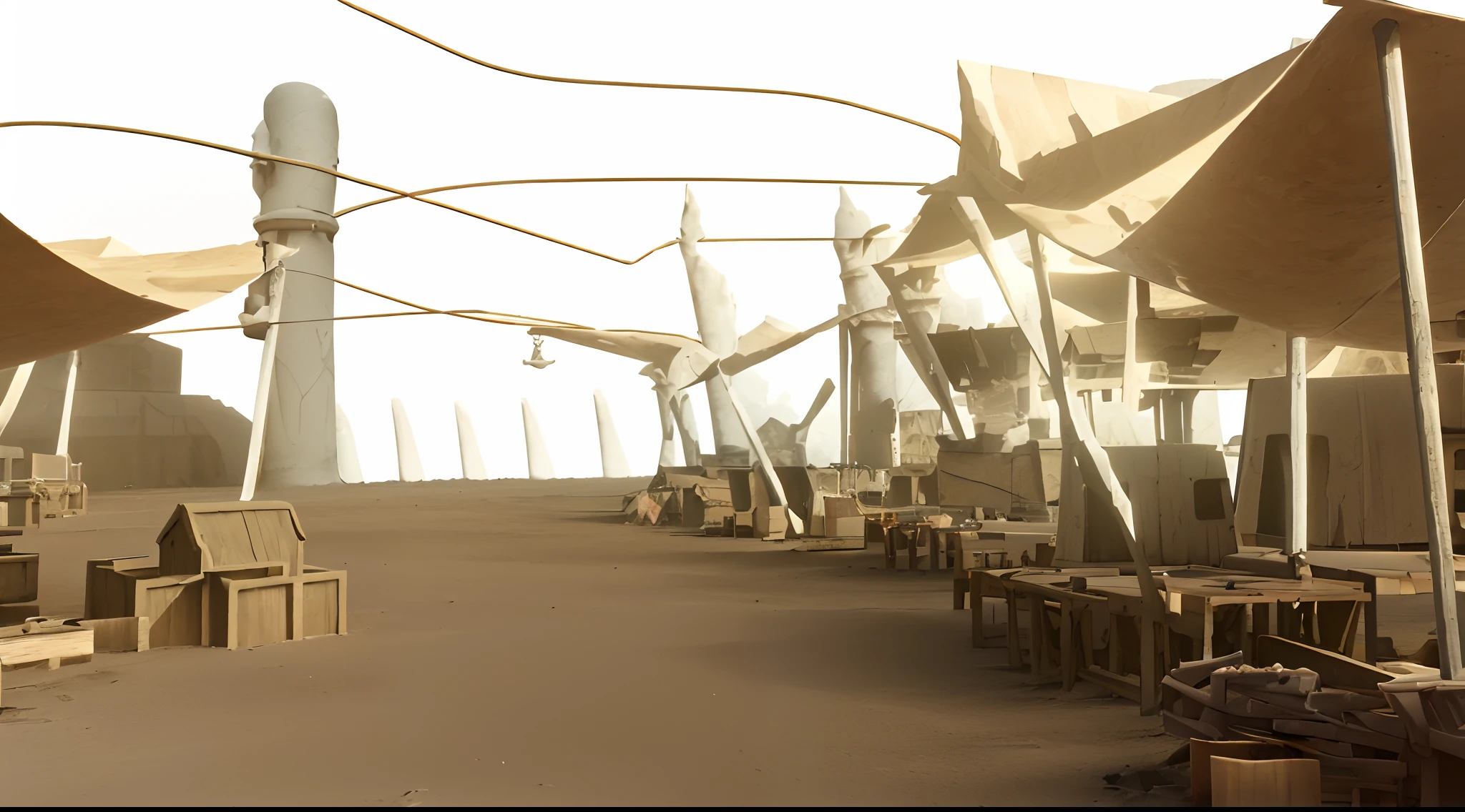 there are many chairs and tables in a room with a yellow sky, stylized as a 3d render, desert city, solarpunk cantine, rendered in pov - ray, 3 d render stylized, stylized 3d render, raytraced render, solarpunk village, sunrise over solarpunk city, in a futuristic desert palace, merchant tents