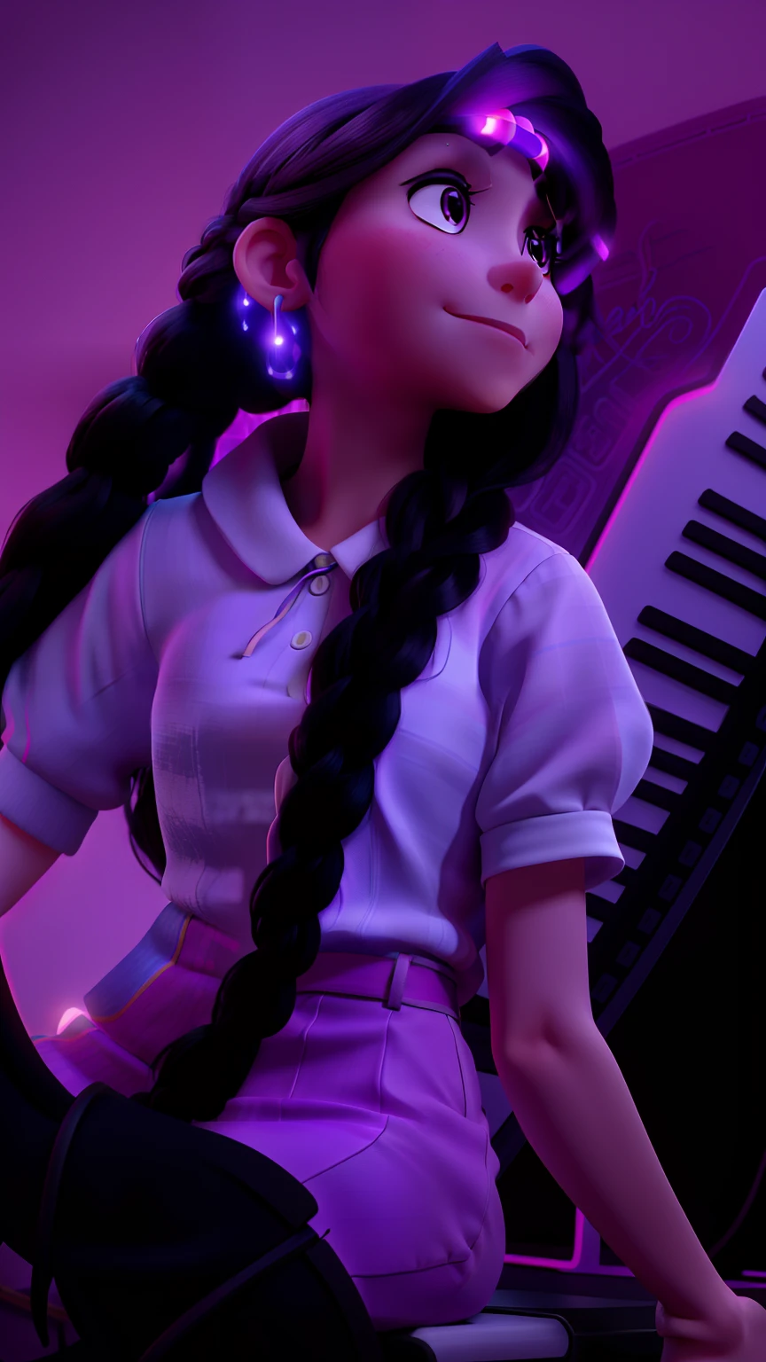 woman with two long braid black hair sitting in front of a keyboard, with neon lights, close up half body shot, low quality grainy, profile picture 1024px, pink violet light