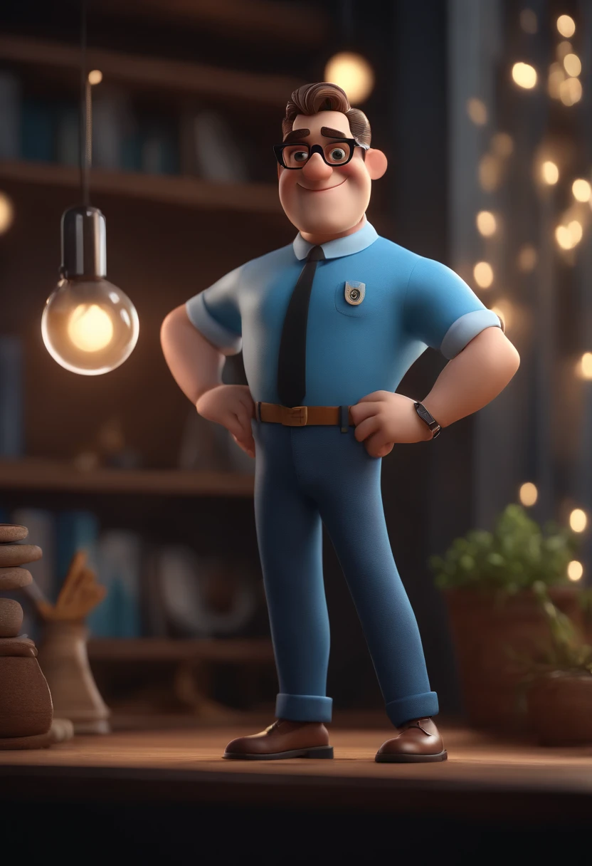 Cartoon character of a man with black glasses and a blue shirt, animation character, Caractere estilizado, animation style rendering, 3D estilizado, Arnold Maya render, 3 d render stylized, toon render keyshot, Personagem 3D, Personagem 3D, 3d rendering stylized, 3 d character render, personagem de desenho animado, Personagem de close up, Pose de personagem,  (Estilo Pixar) (master part:1.2) (Bokeh) (best quality) (pele detalhada) (textura detalhada) (8k) (argila) (Cinematic lighting) (foco nítido
