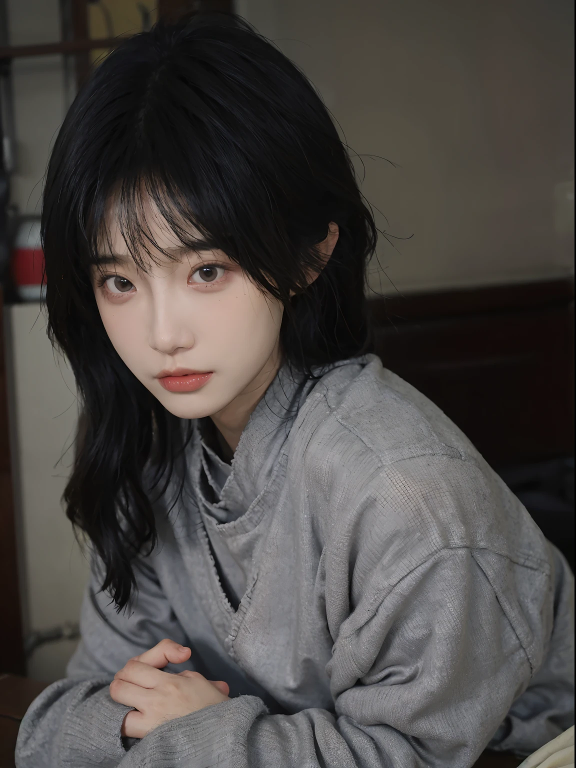 best qualtiy, 超高分辨率, (realisticlying:1.4), A woman with long black hair and a gray sweater, 中景 the scene is, She has black hair,By bangs, young lovely Korean faces, wan adorable korean face, ulzzangs, Shin Jinying, beautiful aesthetic face, Korean face features, Played by Liu Lee Ji Eun ,Beautiful realistic face