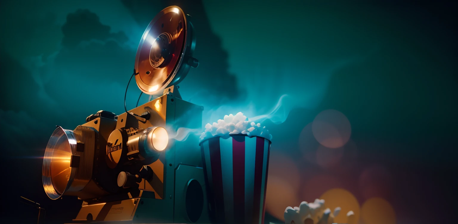 cinematic cinema projector, HD, 8K, movie projector, soft light, colorful, good lighting, popcorn, hight resolution, hyper creative