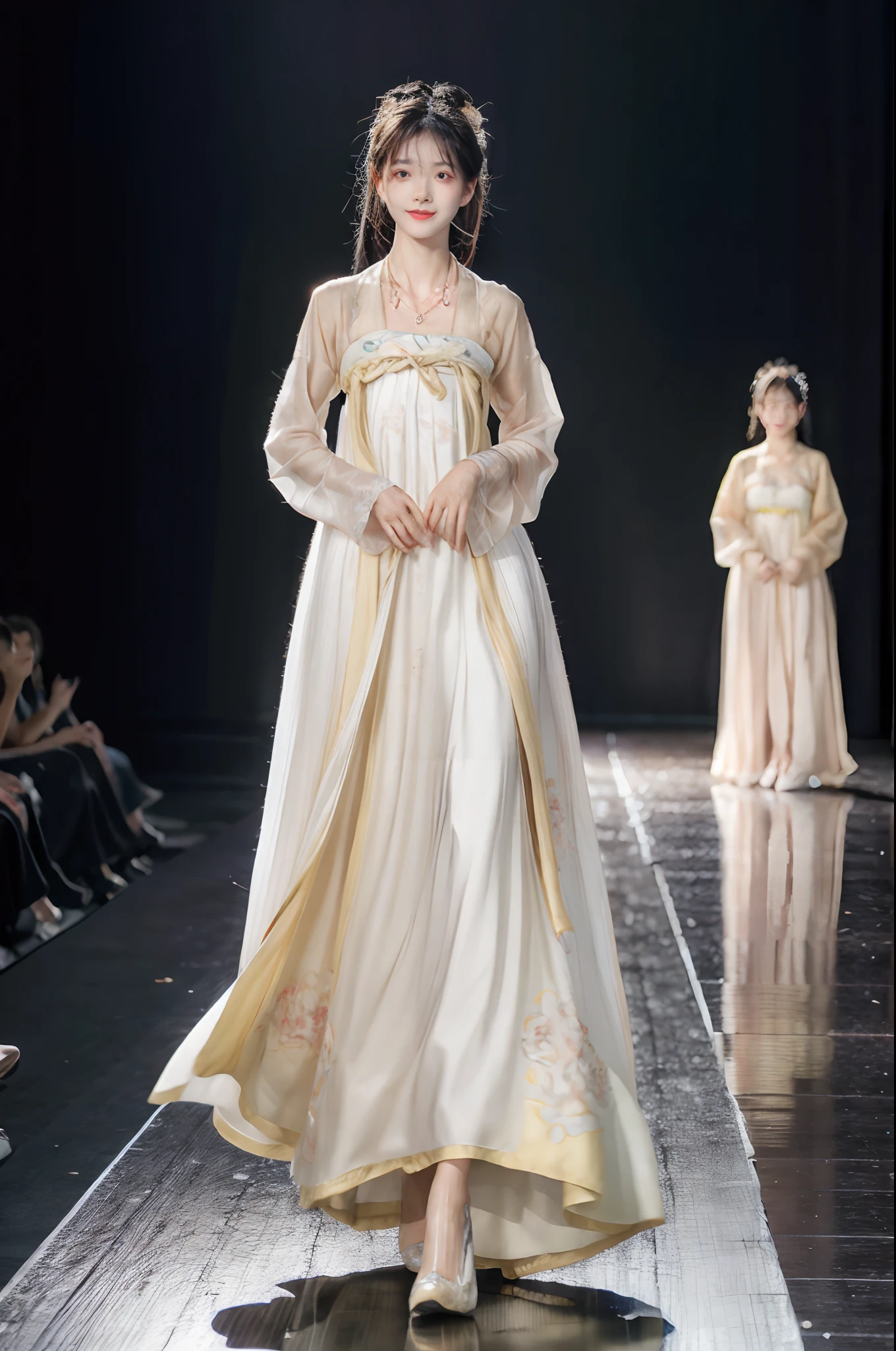 Beautiful model walking on the catwalk，Perform modeling steps。Wear Tang dynasty Han clothes，hanfu，Rose long dress，Princess dress，Gorgeous vintage court style dress，Long skirt，maxiskirt，Large hem，The hem of the long skirt is close to the floor，The style is a Hanfu Fashion Week haute couture dress，Advanced customization，Private customization，Fashion show model，Big show，There are tulle jewelry on the skirt。A necklace is worn around his neck，short detailed hair，Hair coiled up，Headwear，largeeyes，Very beautiful and moving，((There was only one female model on the catwalk))，Men and women make up a large portion，The catwalk was covered with flowers，The background is covered with flowers，The female model had a smile on her face，standing on your feet，The posture is elegant and dignified，Realistic photo images，8K, hyper HD, Masterpiece, ccurate, Textured skin, High details, Best quality, Award-Awarded，Long-range shooting，Sense of distance
