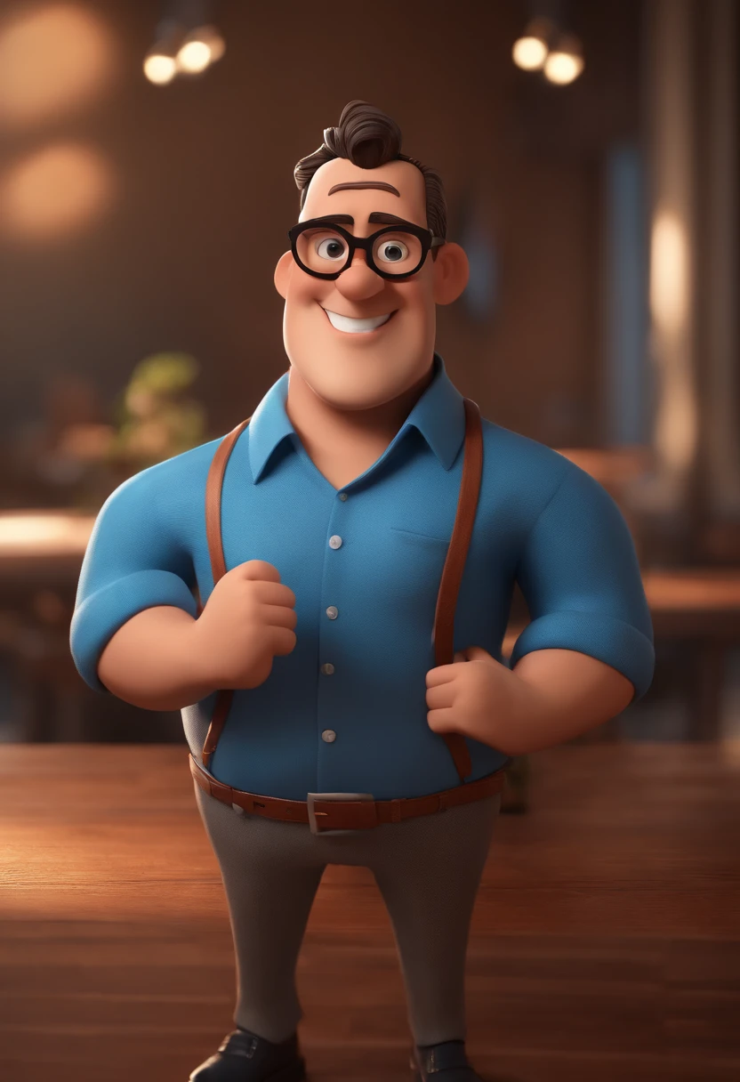 Cartoon character of a man with black glasses and a blue shirt, animation character, Caractere estilizado, animation style rendering, 3D estilizado, Arnold Maya render, 3 d render stylized, toon render keyshot, Personagem 3D, Personagem 3D, 3d rendering stylized, 3 d character render, personagem de desenho animado, Personagem de close up, Pose de personagem,  (Estilo Pixar) (master part:1.2) (Bokeh) (best quality) (pele detalhada) (textura detalhada) (8k) (argila) (Cinematic lighting) (foco nítido