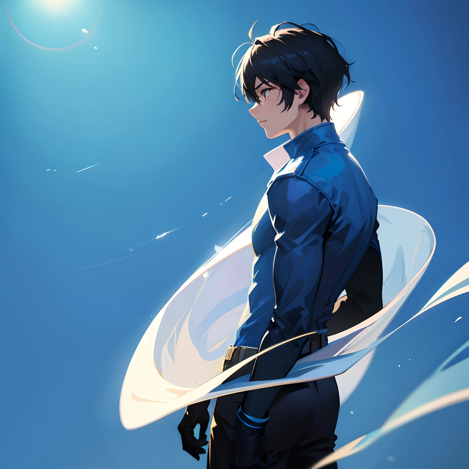 Backlit, profile, man, background is blue sky, beautiful, lighting