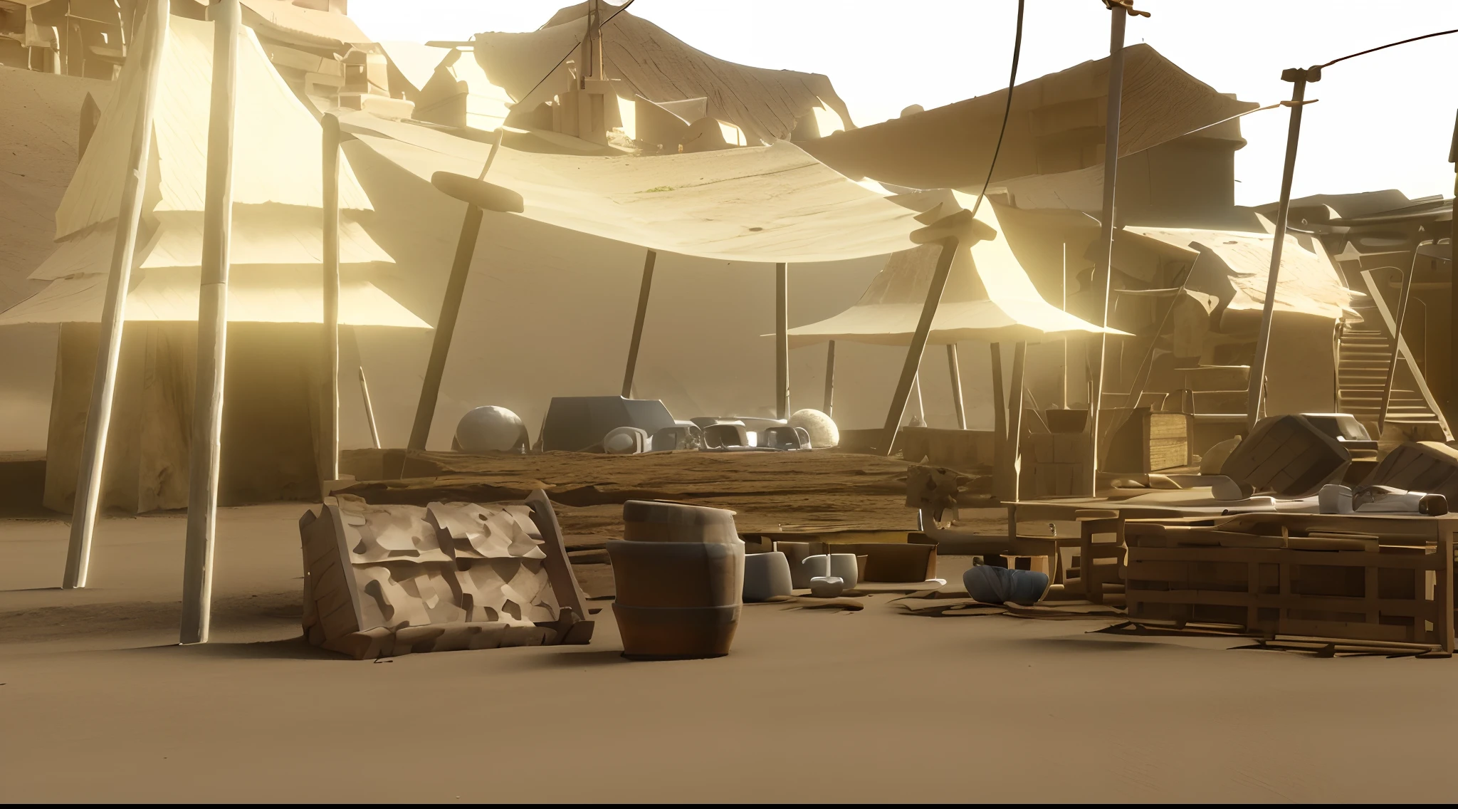 there are many chairs and tables in a room with a yellow sky, stylized as a 3d render, desert city, solarpunk cantine, rendered in pov - ray, 3 d render stylized, stylized 3d render, raytraced render, solarpunk village, sunrise over solarpunk city, in a futuristic desert palace, merchant tents