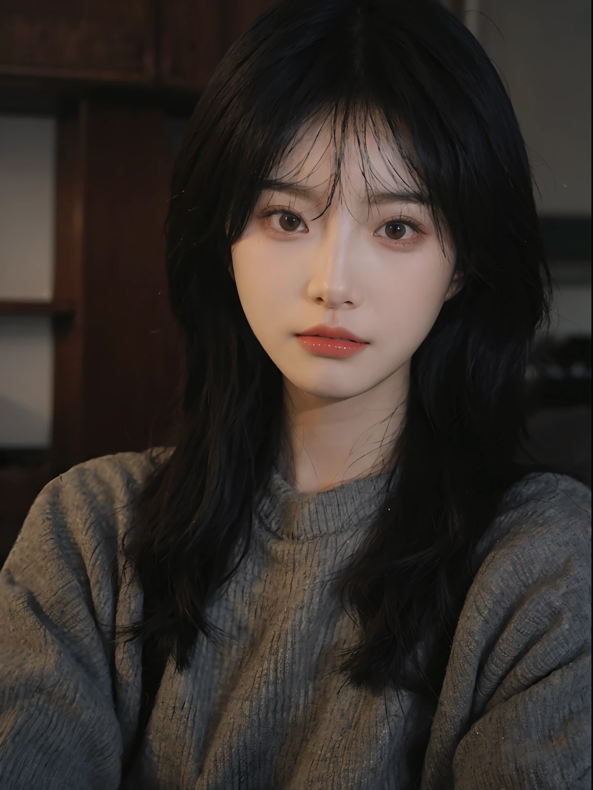 best qualtiy, 超高分辨率, (realisticlying:1.4), A woman with long black hair and a gray sweater, 中景 the scene is, She has black hair,By bangs, young lovely Korean faces, wan adorable korean face, ulzzangs, Shin Jinying, beautiful aesthetic face, Korean face features, Played by Liu Lee Ji Eun ,Beautiful realistic face