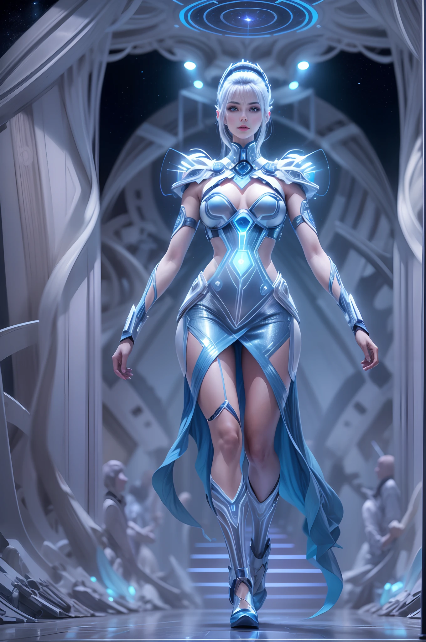 (Future World Fashion Show: 1.5),(Futuristic sci-fi beauty model walks on the runway: 1.5), Beautiful female model with a smile on her face,The posture is elegant and dignified,(Wear a blue futuristic tech luxury dress: 1.2),Blue fluorescence,Starry sky pattern,Mysteries of the universe,Futuristic hair,Silvery white glow,Soft to the touch,Silver-blue eye makeup,Cosmic Starlight,Virtual Future Runway,(Sci-fi fashion fashion show: 1.5),(Huge high-tech catwalk: 1.5),(There was only one female model on the runway,The audience was filled on both sides: 1.5),Realistic photo images,8K, hyper HD, Masterpiece, ccurate, Textured skin, High details, Best quality, Award-Awarded,((Long-range shooting,Sense of distance,Full body photo, anatomically correct)),tutufc