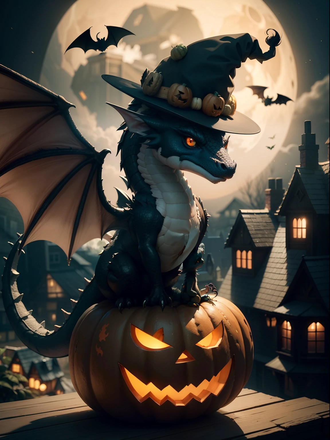 Cute dragon wearing Halloween hat......,(master-piece,bestquality:1.2),Best Lights,best shadows,Show background, . . . . . . . . . . . . . . . . . . . . . . . .bat,full big moon,Old House,pumpkin,stylized 3d render