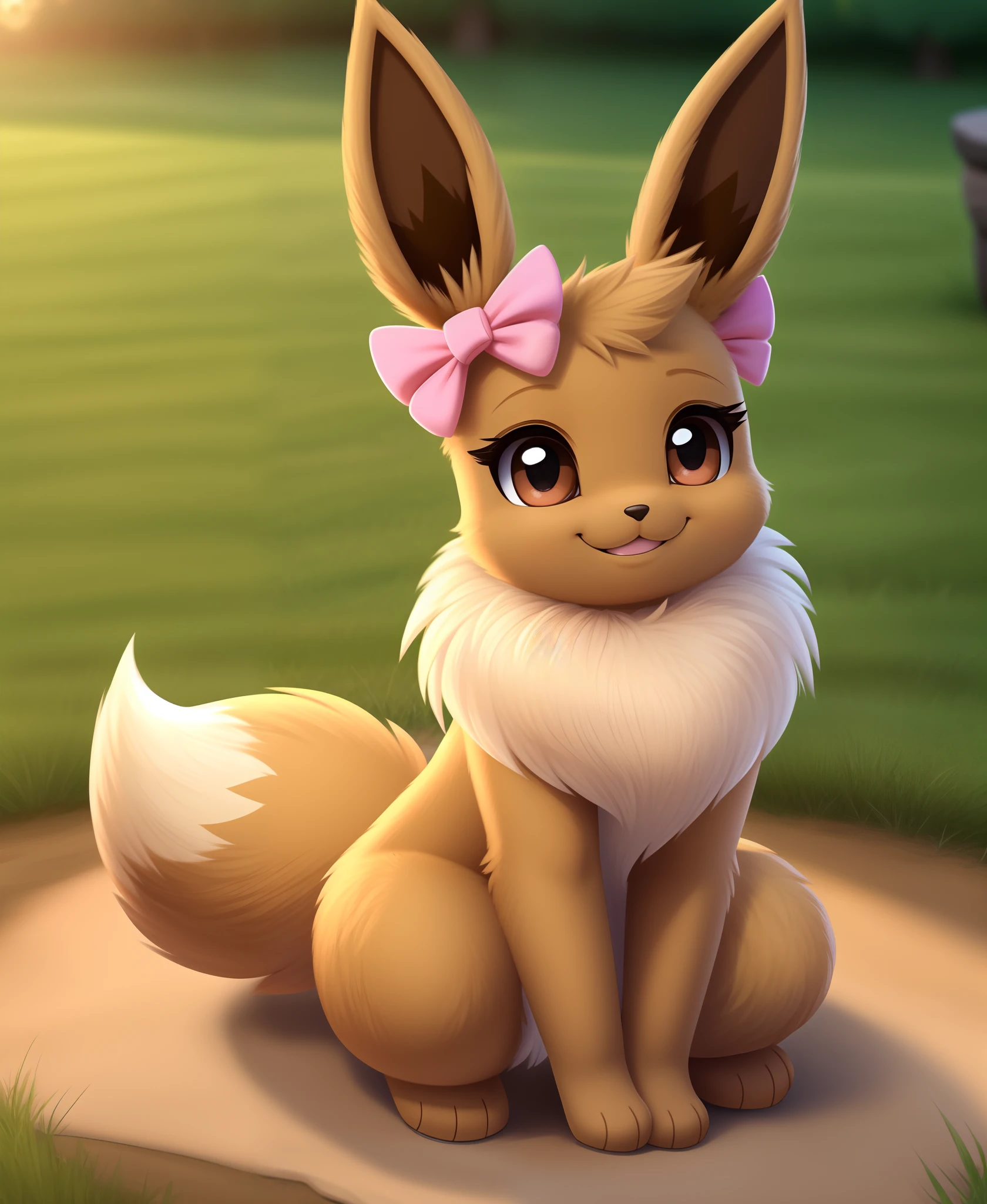 pokekid, eevee, fluffy girl, furry girl, female, smile, smiling, has a big pretty bow in her hair, has animal paws for hands, 1girl, best quality, outdoors, high definition, cute,