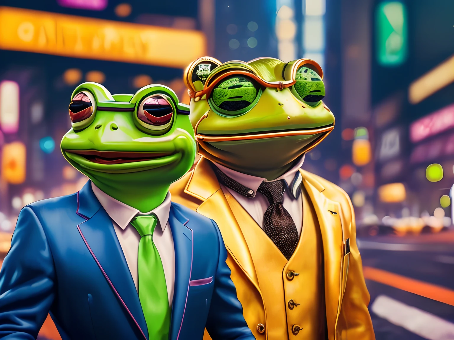 (best quality,4k,8k,highres,masterpiece:1.2), ultra-detailed, (realistic, photorealistic, photo-realistic:1.37), Cartoon Pepe frog in suit, goldpills, smiling, urban setting,  neon, cyberpunk, futuristic,  futurism, vibrant colors, soft lighting, golden pills, magical atmosphere