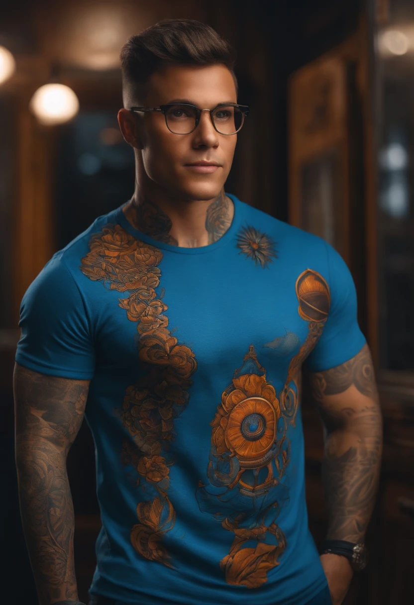 usar a referencia da foto estilo desenho animado, Pixar, segurando um maquina de tatuagem , roupa azul, sorrindo