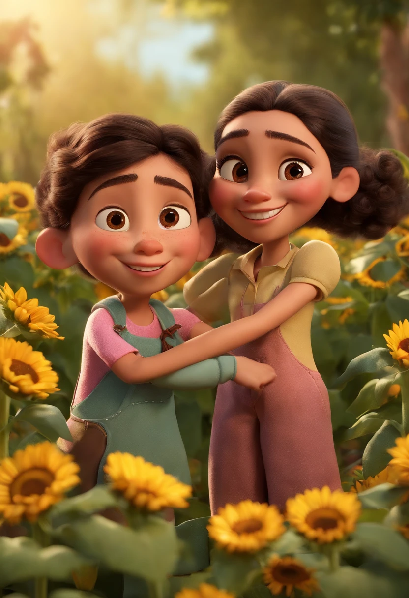 Create a Disney PIXAR-style 3D poster. ((centro da imagem, casal e uma menina)), ((casal e 1 menina)) ((1 homem ao lado e 1 menina no meio e 1 mulher ao lado, They're hugging each other, O homem ele e maior que a mulher ele tem pele clara e cabelos castanhos escuros e olhos puxados castanhos claro, 1 menina tem pele clara, Slanted eyes and dark hair and pink bow on her head, ela veste jardineira rosa e camiseta branca, e a mulher tem pele parda, olhos escuros e cabelos escuros e lisos)) ((tudo isso no estilo Disney PIXAR 3D, In the background, A house of sunflowers, Gloria Studio, The garden is full of nature 3D render RTX clay material, estilo de design cartunesco, POP Mart, soft lighting, linhas suaves, Spring tilt, Detailed illustrations of PIXAR 3D, Detalhes hiper-realistas, cor quente no estilo Disney PIXAR 3D))