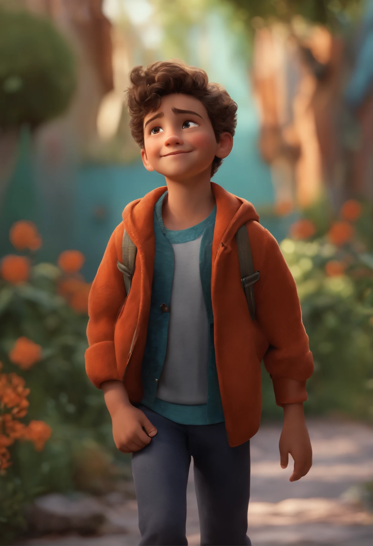 Image of a boy for a story in a YouTube video in Pixar format, He's the  allabester, He's the class leader, He's outgoing, Playful and gets up for a lot of things, cabelo curto