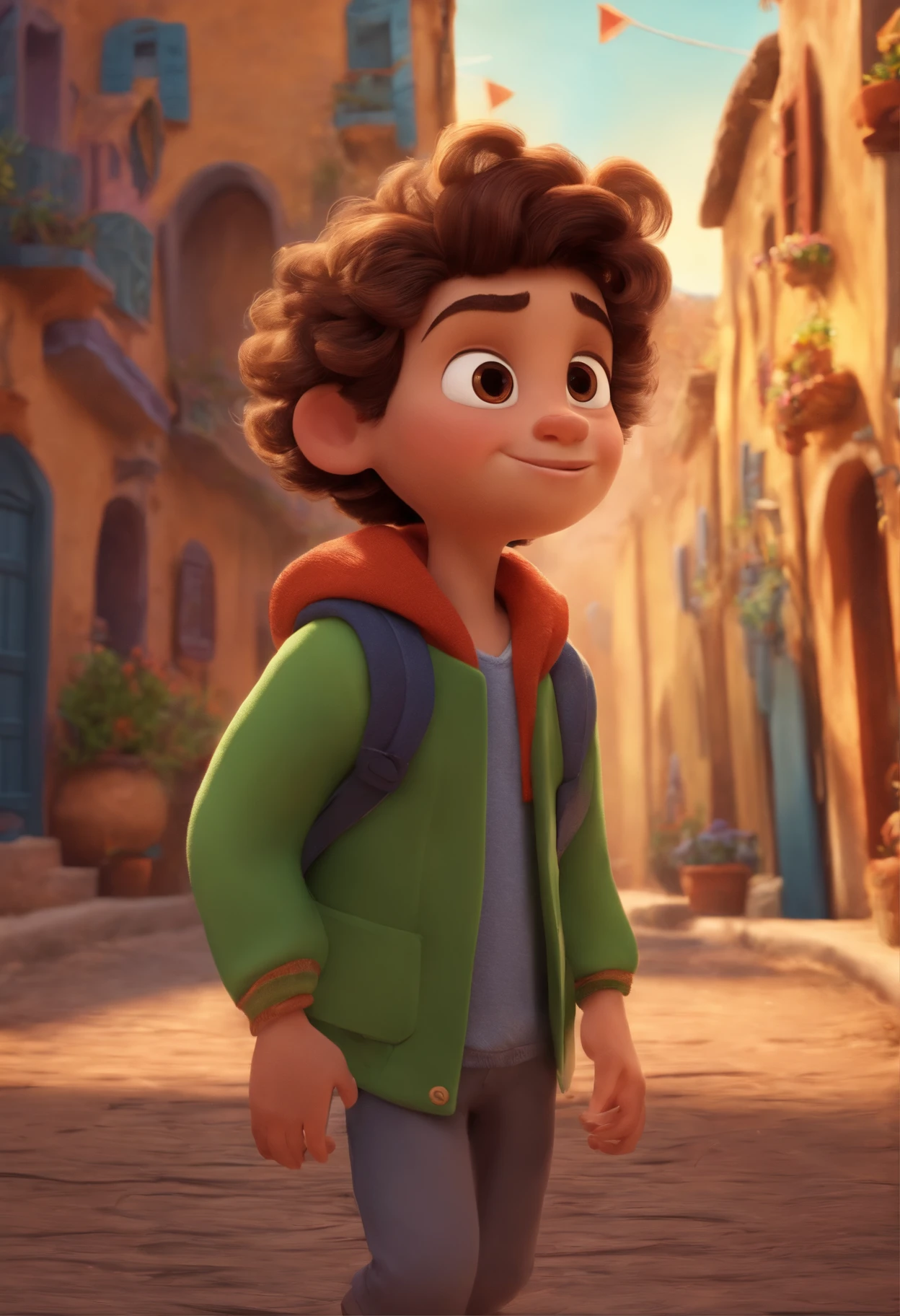 Image of a boy for a story in a YouTube video in Pixar format, He's the  allabester, He's the class leader, He's outgoing, Playful and gets up for a lot of things, cabelo curto