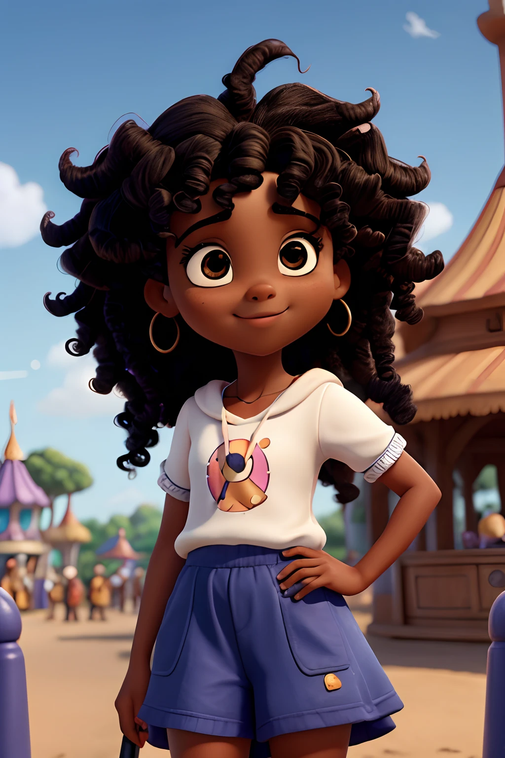 Um filme inspirado na Disney Pixar ( NEGRA JOVEM COM CABELO LONGO CACHEADO PRETO) brinco de folhas dentro A cena estar na arte distinta do estilo PIXAR, descolada e estilosa