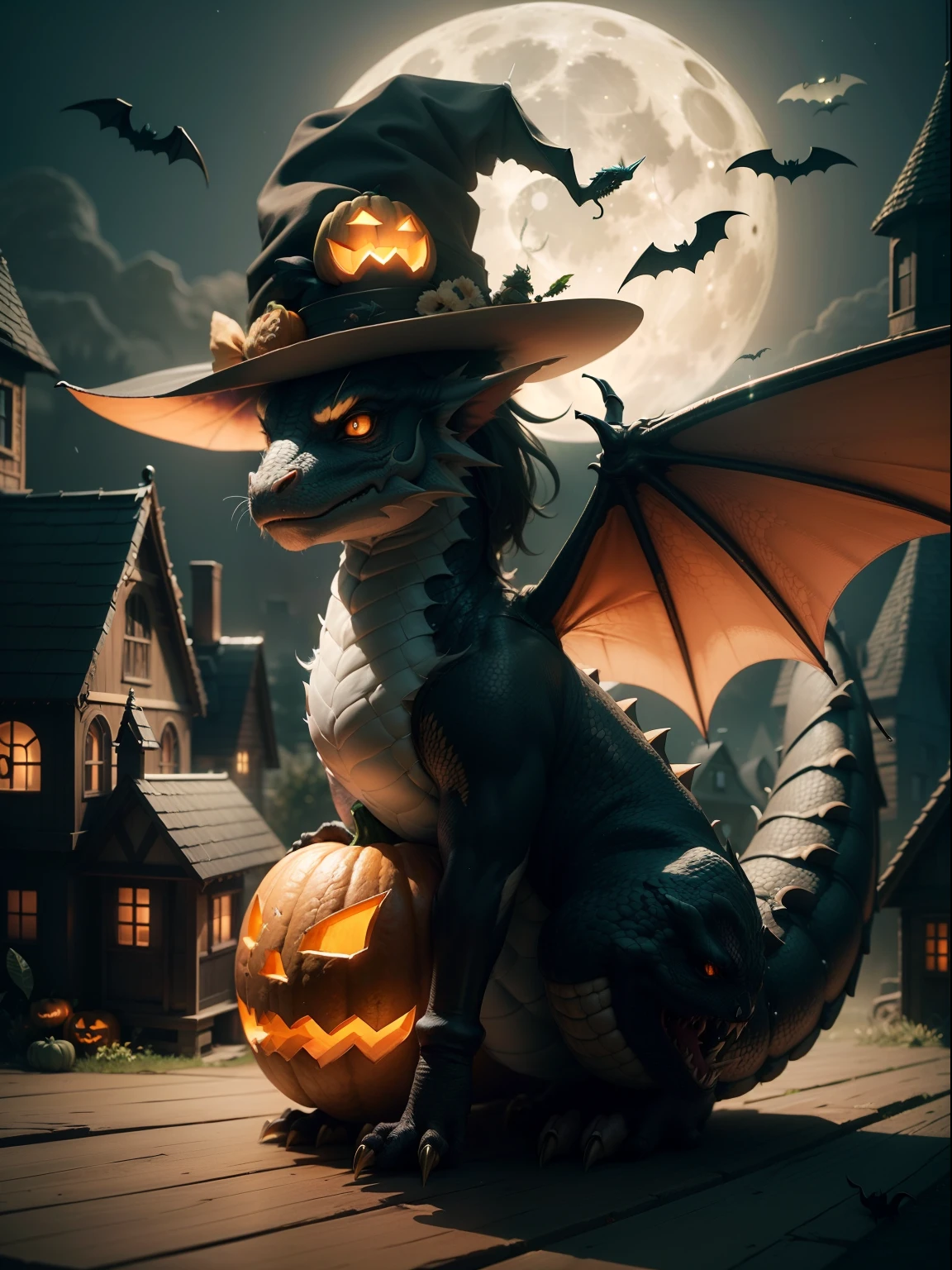 Cute dragon wearing Halloween hat......,(master-piece,bestquality:1.2),Best Lights,best shadows,Show background, . . . . . . . . . . . . . . . . . . . . . . . .bat,full big moon,Old House,pumpkin,stylized 3d render