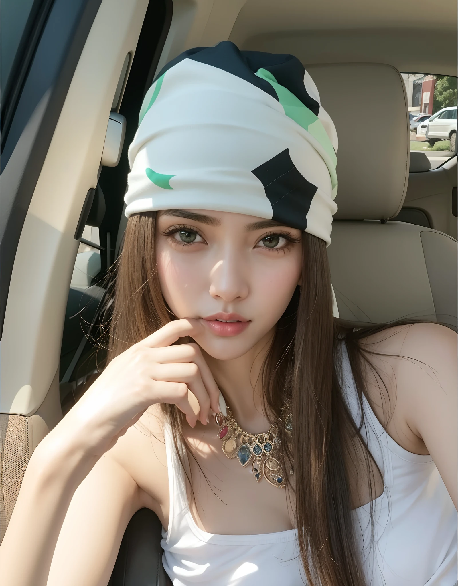 Woman in a car with a headscarf, dilraba dilmurat, Modelo do Instagram, linda Delphine, Mulher sul-coreana bonita, Sakimichan, com olhos verdes, menina modeita, bandana, cara Ahegao, menina atraente, g a chocker and cute hat, Ahegao, modelo bonito da menina