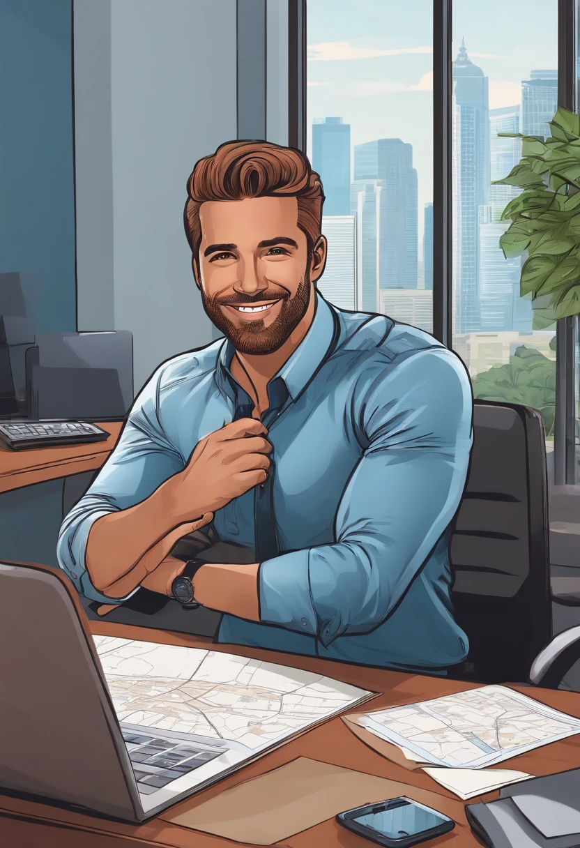 A realtor in a button-down shirt, Taking a selfie in front of your office desk with a map of the city in the background