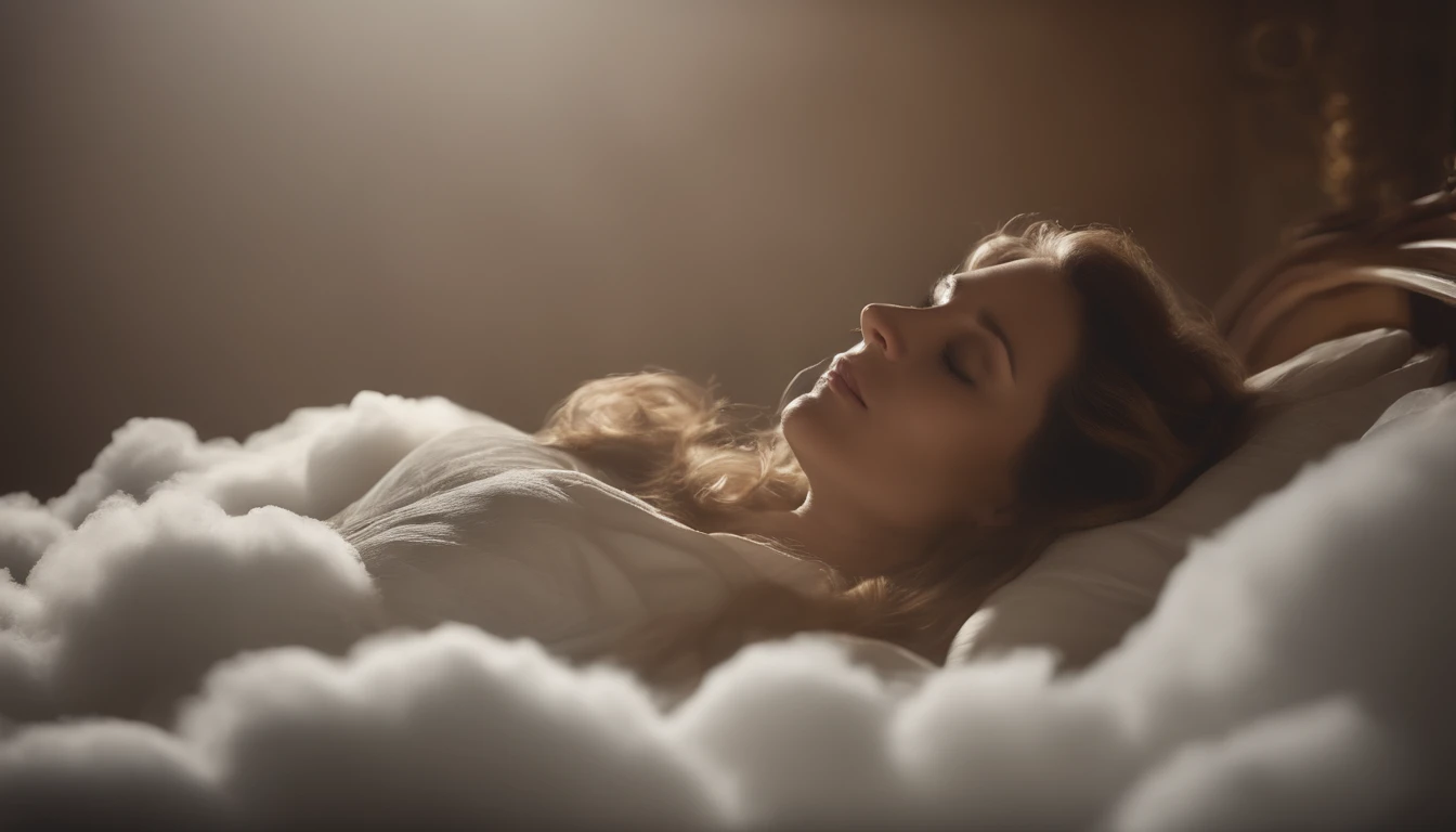 beautyfull woman sleeping in a bed with pillows, floating on the clouds, realistic, cinematic, in the style of the movie director steven spielberg