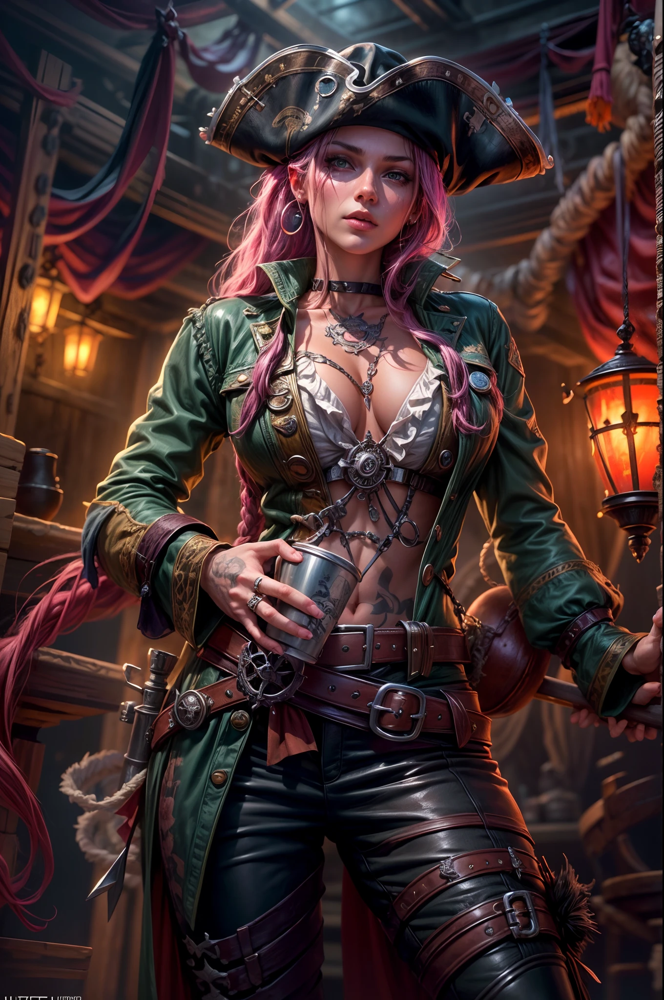 Beautiful Pirate queen on her ship,sexy full body,braided hair,leather hat with skull drawing,eye patch, tattoo,holding pirate sword,drink,pirate ships,sea,sun,sweat,apple(best quality,4k,8k,highres,masterpiece:1.2),ultra-detailed,(realistic,photorealistic,photo-realistic:1.37),HDR,UHD,studio lighting,ultra-fine painting,sharp focus,physically-based rendering,extreme detail description,professional,vivid colors,bokeh,portraits,landscape,horror,anime,sci-fi,photography,concept artists,vibrant,contrasting, warm light