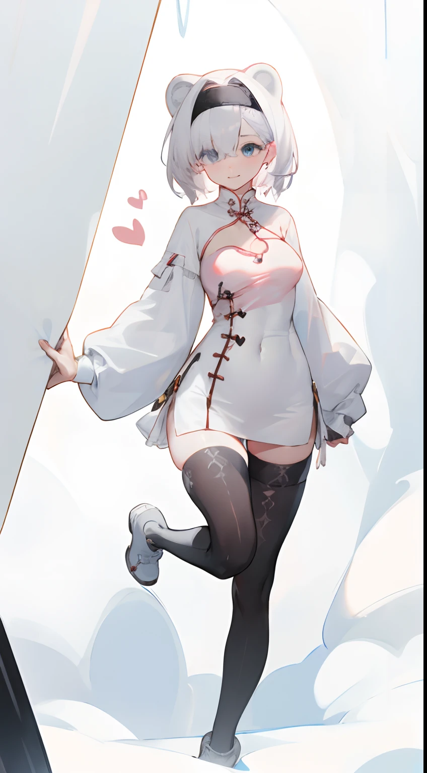 White color hair,Leakage out of the collarbone,Neck leakage,Heart-shaped decoration,Cheongsam, short skirt, over-the-knee stockings