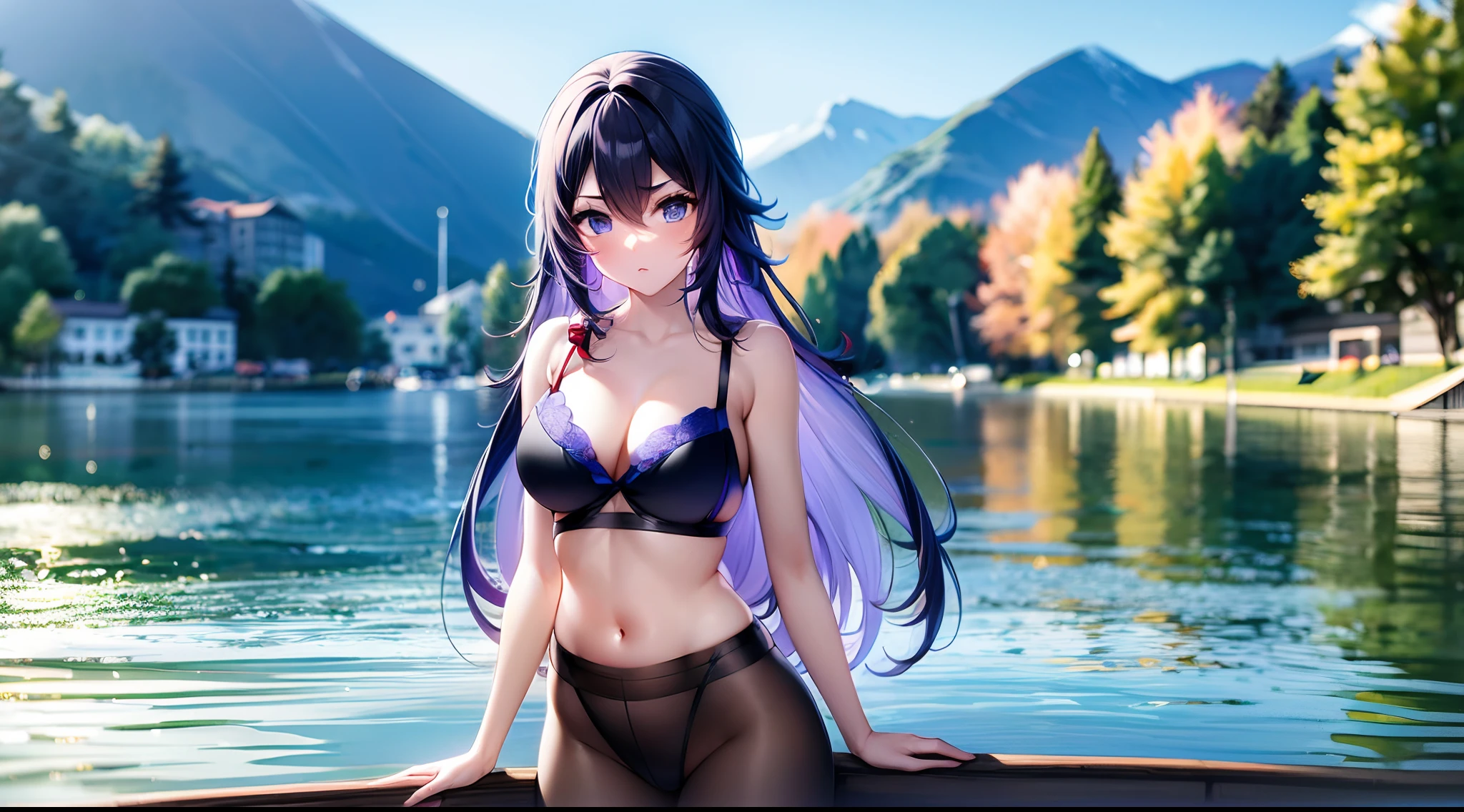 A girl, blue long hair, purple eyes, black tights, blue opend blouse, red bra, lake, standing