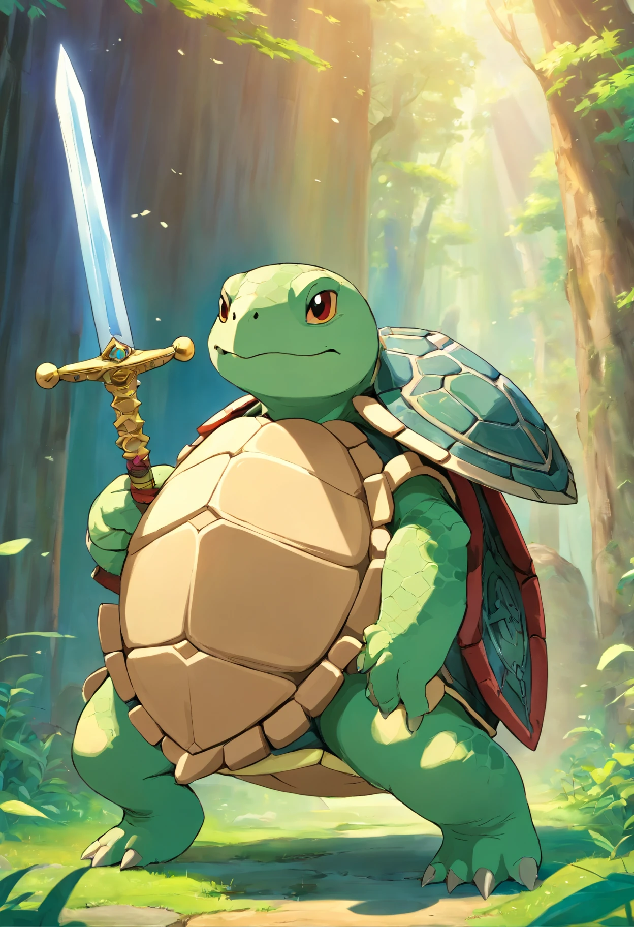 A short humanoid turtle holding a short sword and a standard shield.