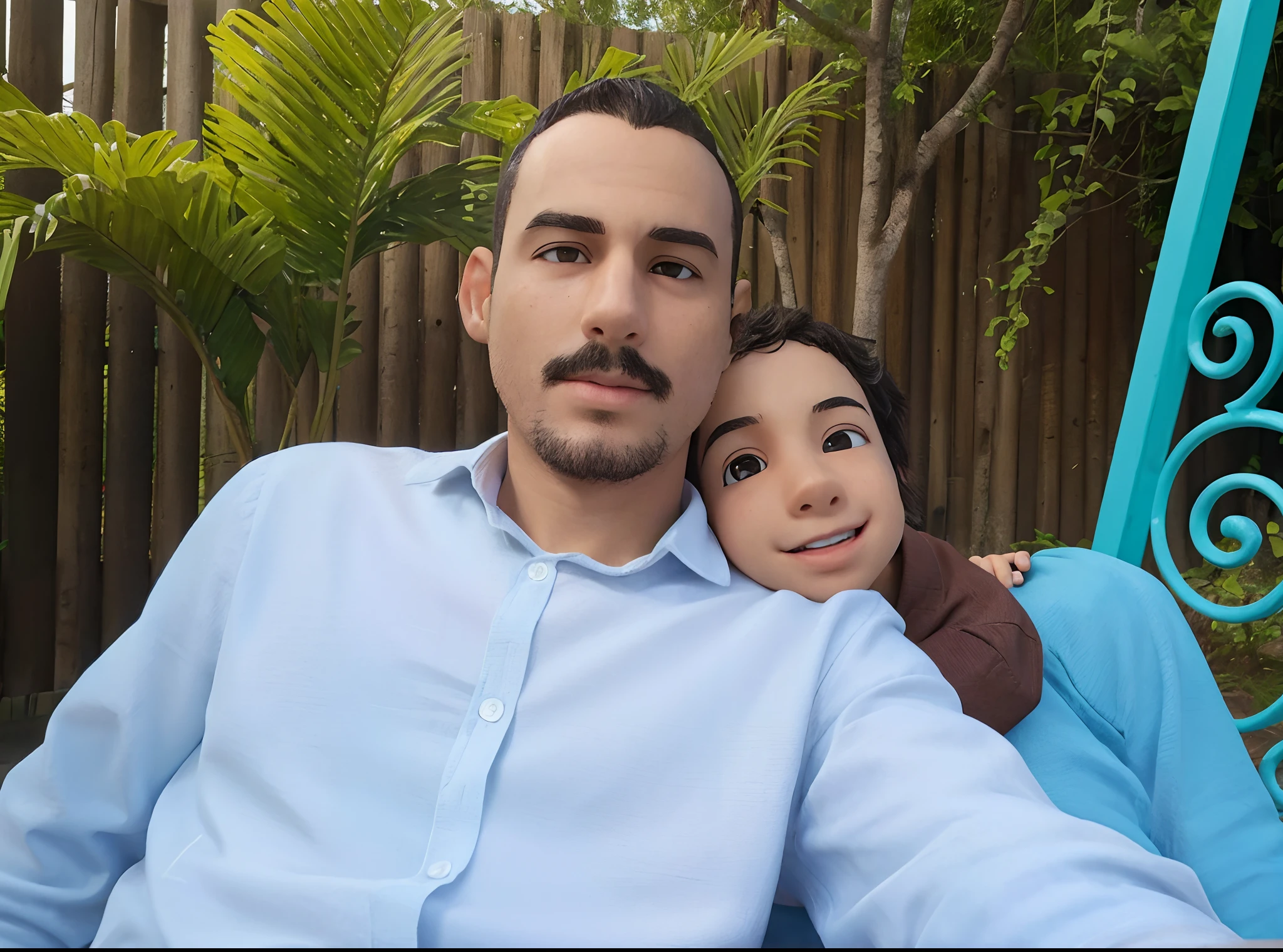 A imagem mostra um sentado em um banco de madeira, which is located near a fence. The boy is wearing a black shirt and appears to be looking at the camera. The bench is positioned in the middle of the scene, com a cerca estendendo-se para os lados esquerdo e direito da imagem. The boy's posture and the presence of the bench suggest that this could be a park or a similar outdoor environment.Gere essa imagem no estilo de anima