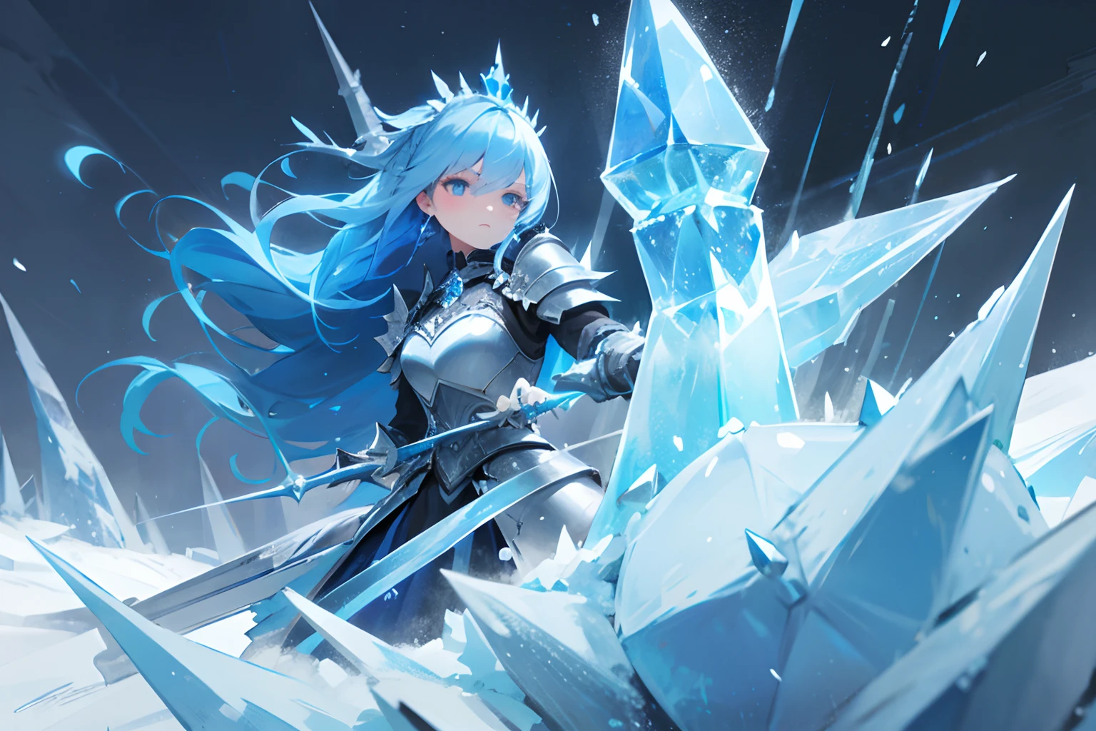 blue rose girl, fully covered, rose on hair, hair accessories, heavy armor, daily outfit, blue hair, hd, ultra quality, serious face, looking away, detailed eyes, winter, frozen environment, ice, blizzard, harsh blizzard, hail, lots of ice, ice spikes, spikes, ice magic, frozen powers