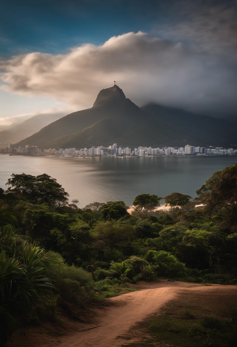 Uma jovem de costa aparecendo sua quase sombra de longe Saveiro g3 prata rebaixada no deserto do saara com uma montanha de fundo, no fundo da imagem o cristo redentor do rio de janeiro. dia chuvoso, nuvens, raios.
