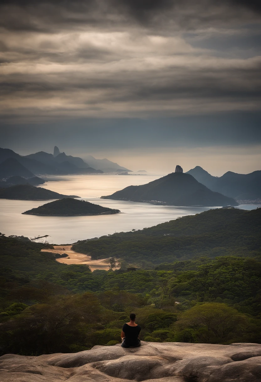 Uma jovem de costa aparecendo sua quase sombra de longe Saveiro g3 prata rebaixada no deserto do saara com uma montanha de fundo, no fundo da imagem o cristo redentor do rio de janeiro. dia chuvoso, nuvens, raios.