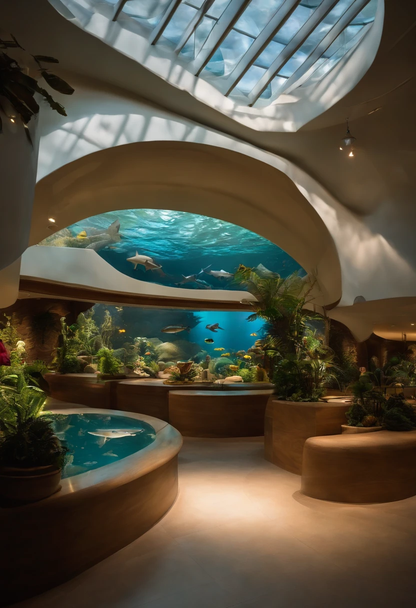 Crie uma cena de paisagem no estilo Pixar-Disney de um homem, cabelos grisalhos, calvo, baixinho, rosto oval e orelhas grandes, olhos pretos, vestido com um jaleco branco, Observing the shark exhibit at the Museum of Zoology.