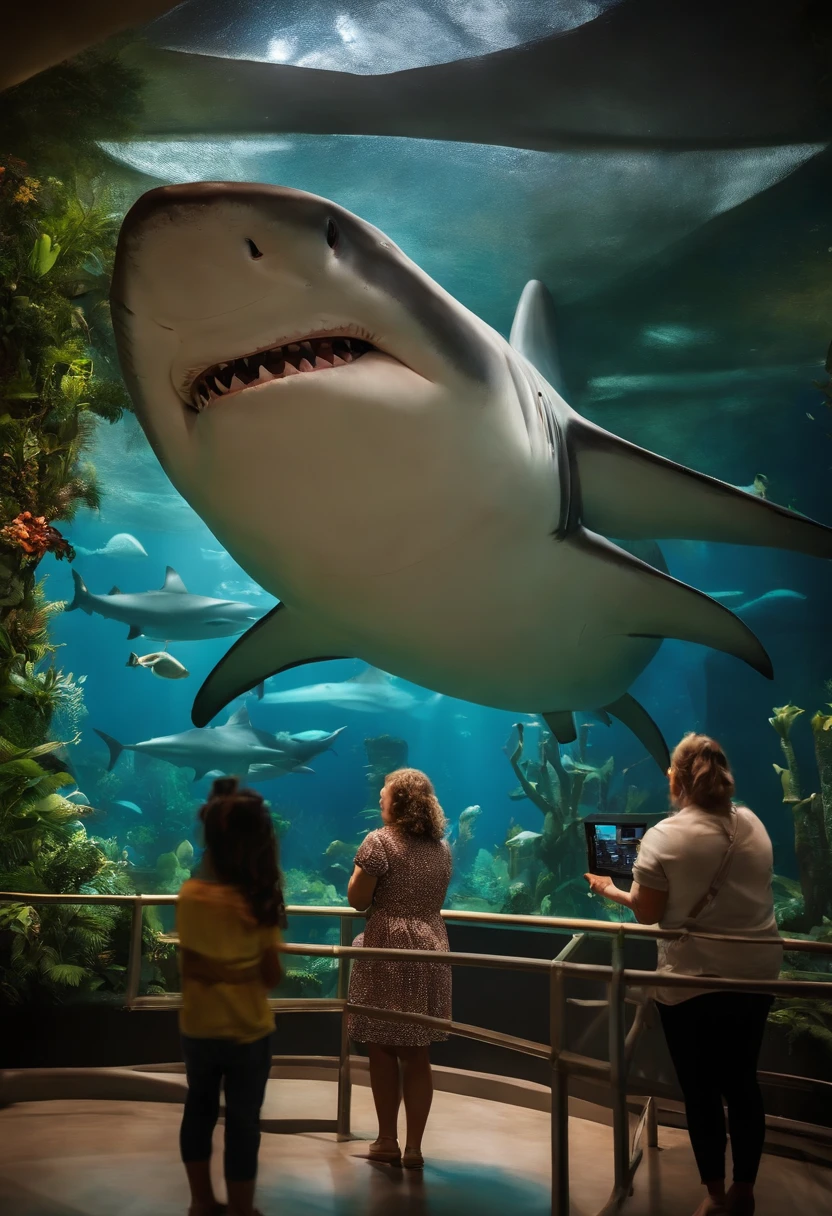 Crie uma cena de paisagem no estilo Pixar-Disney de um homem, cabelos grisalhos, calvo, baixinho, rosto oval e orelhas grandes, olhos pretos, vestido com um jaleco branco, Observing the shark exhibit at the Museum of Zoology.