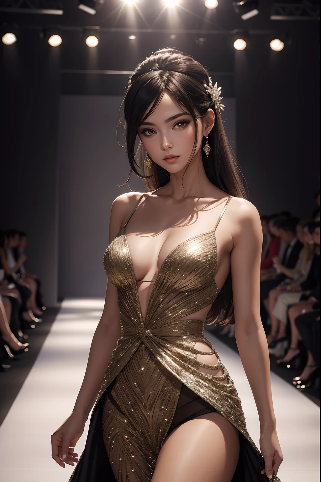 masterpiece, highest quality, ultra detail, affluent fashion show, runway detailed background, realistic, studio lighting