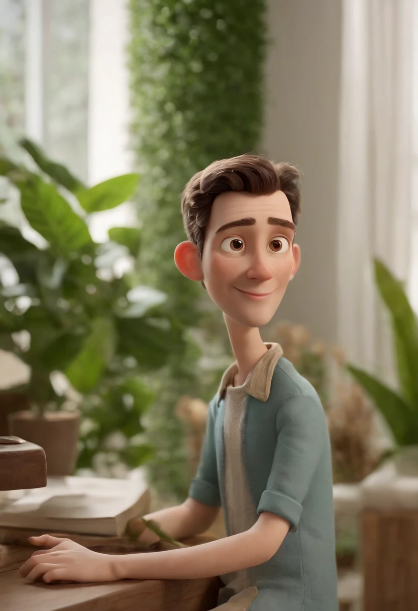 Personagem de desenho animado de um homem, meia idade, Cabelos pretos e tamanho alto, camisa social branca, animation character, Caractere estilizado, animation style rendering, 3D estilizado, Arnold Maya render, 3d stylized rendering, Pixar Rendering Keyshot, Personagem 3D, 3 d character render, personagem de desenho animado, Personagem de close up, Pose de personagem, segurando plantas de arquitetura. Arquiteto (Estilo Pixar