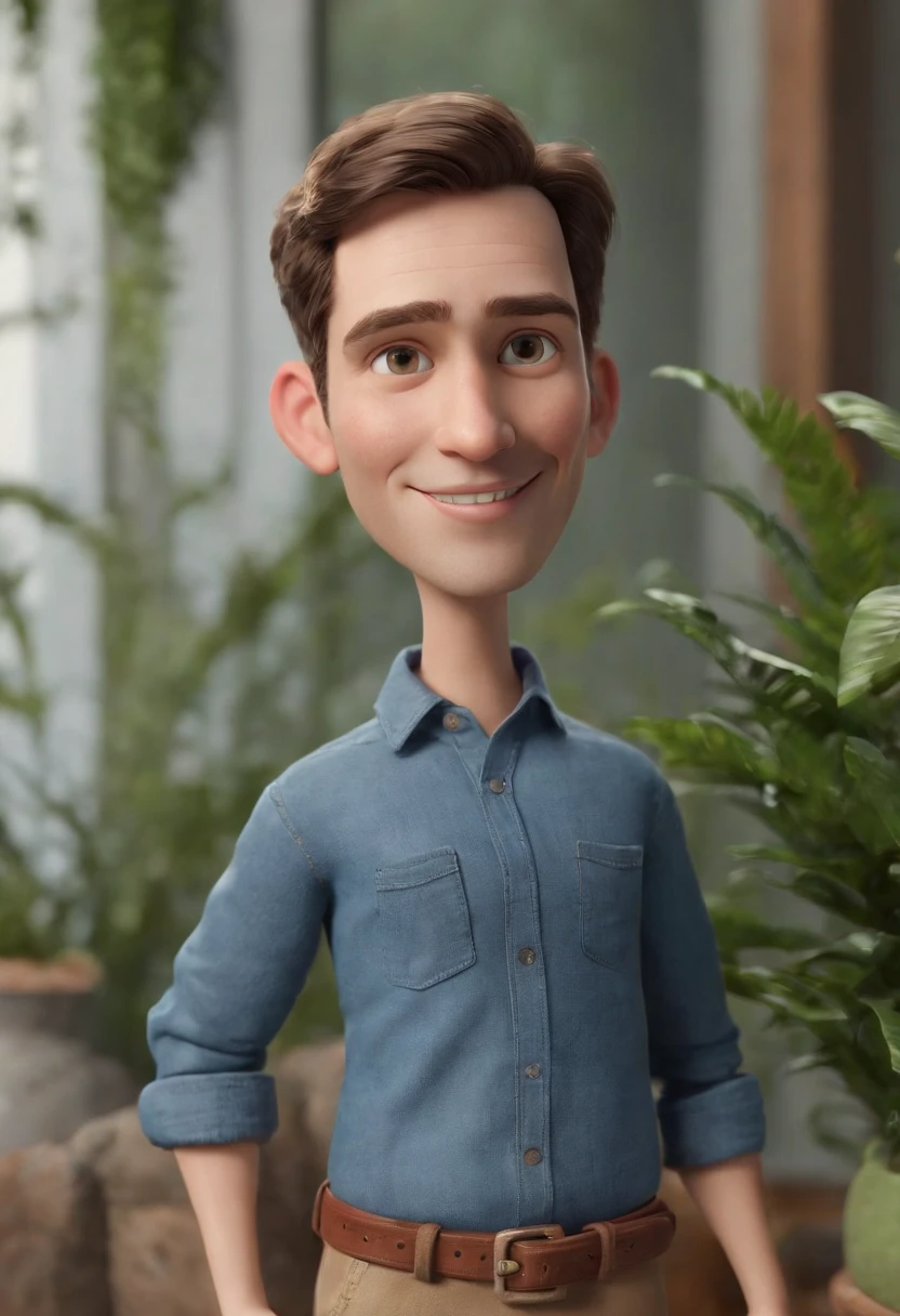 Personagem de desenho animado de um homem, meia idade, Cabelos pretos e tamanho alto, camisa social branca, animation character, Caractere estilizado, animation style rendering, 3D estilizado, Arnold Maya render, 3d stylized rendering, Pixar Rendering Keyshot, Personagem 3D, 3 d character render, personagem de desenho animado, Personagem de close up, Pose de personagem, segurando plantas de arquitetura. Arquiteto (Estilo Pixar