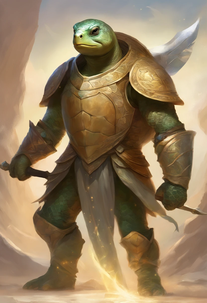 A short humanoid turtle holding a short sword and a standard shield.