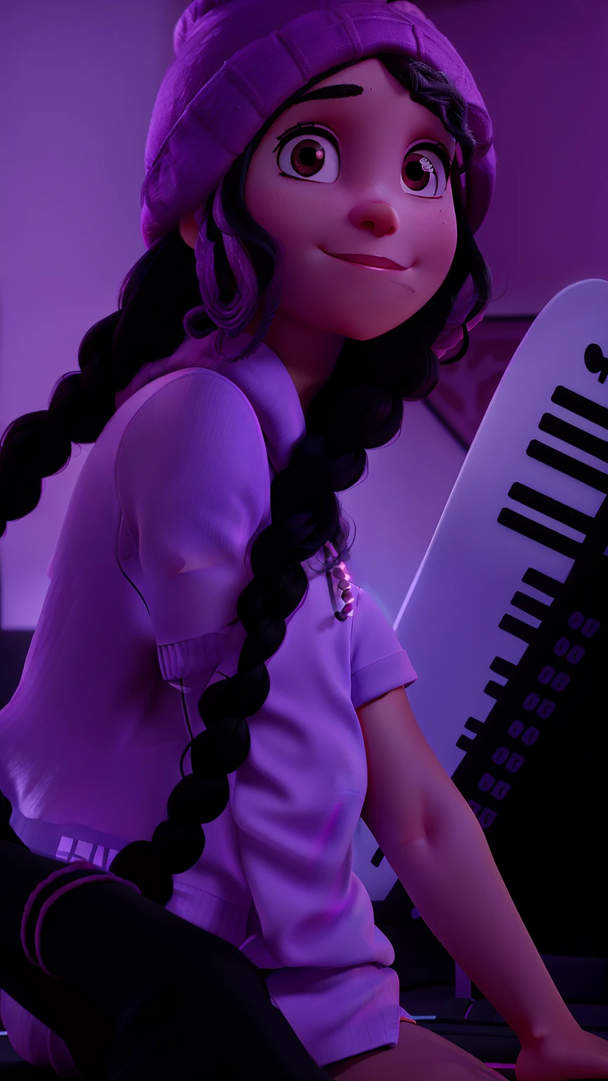 woman with two long braid black curly hair With a pink beanie on her head. Black eyes, fleshy mouth. sitting in front of a keyboard, with neon lights, close up half body shot, a silver necklace With a pendant reading "GIIH", A pink top and black pants. profile picture 1024px, pink violet light