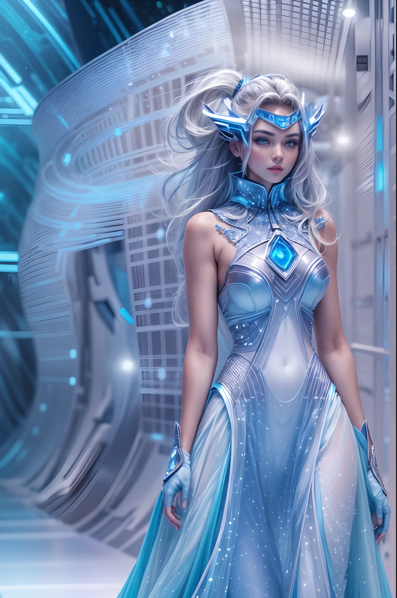 (Future World Fashion Show: 1.5)，(Futuristic sci-fi beauty model walks on the runway: 1.5), Beautiful model in a blue dress，Blue fluorescence，Starry sky pattern，Mysteries of the universe，Futuristic hair，Silvery white glow，Soft to the touch，Silver-blue eye makeup，Cosmic Starlight，Virtual futuristic game world，(Huge high-tech catwalk)，(There was only one female model on the runway)，The female model had a smile on her face，standing on your feet，The posture is elegant and dignified，Realistic photo images，8K, hyper HD, Masterpiece, ccurate, Textured skin, High details, Best quality, Award-Awarded，((Long-range shooting，Sense of distance，Full body photo))，tutufc