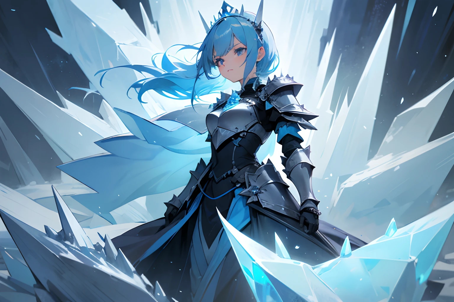 blue rose girl, fully covered, rose on hair, hair accessories, heavy armor, daily outfit, blue hair, hd, ultra quality, serious face, looking away, detailed eyes, ice, blizzard, harsh blizzard, hail, lots of ice, ice spikes, spikes, ice magic, winter, frozen environment