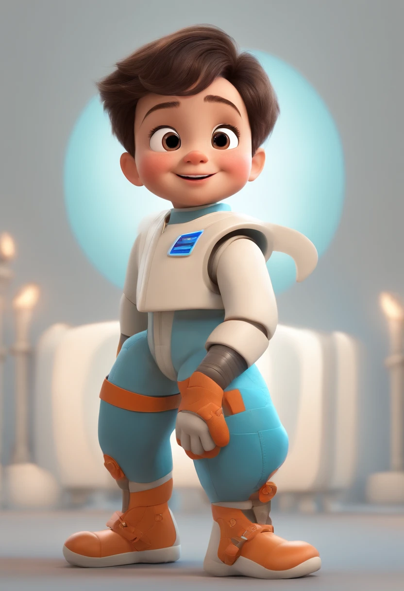 a happy cute  standing short hair, vestindo uma fantasia espacial, , fundo branco, barnet, toon, estilo pixar, 3d, desenhos animados, rosto detalhado, asymmetrical 16k